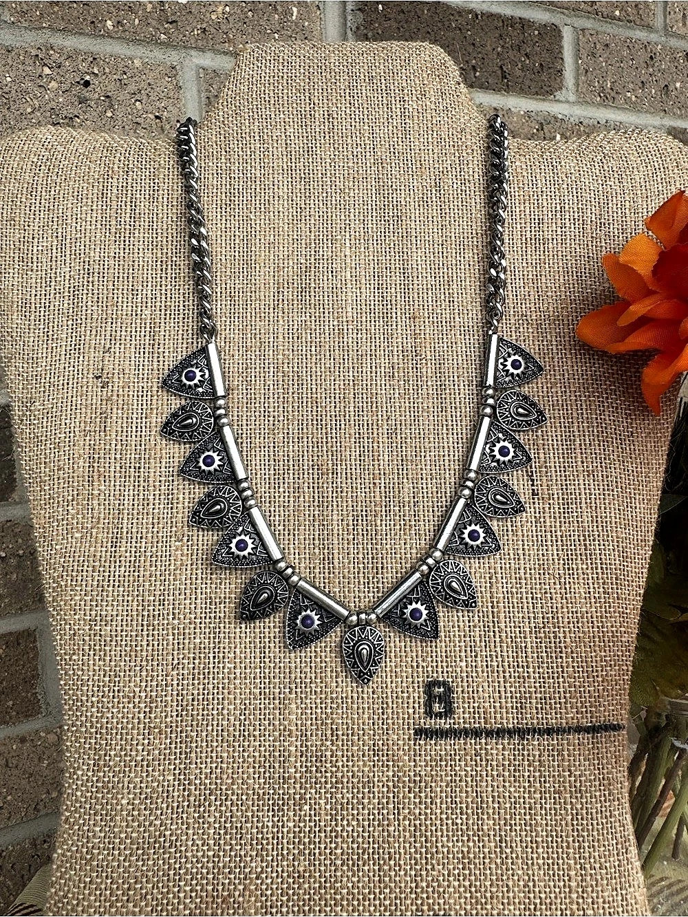 NWT Boho Silver Tone Purple Sunburst Tribal Statement Necklace